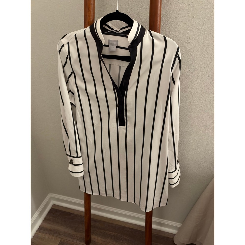Chicos No-Iron Chic Stretch Tunic Top White Black Striped Size 1 Medium US 8